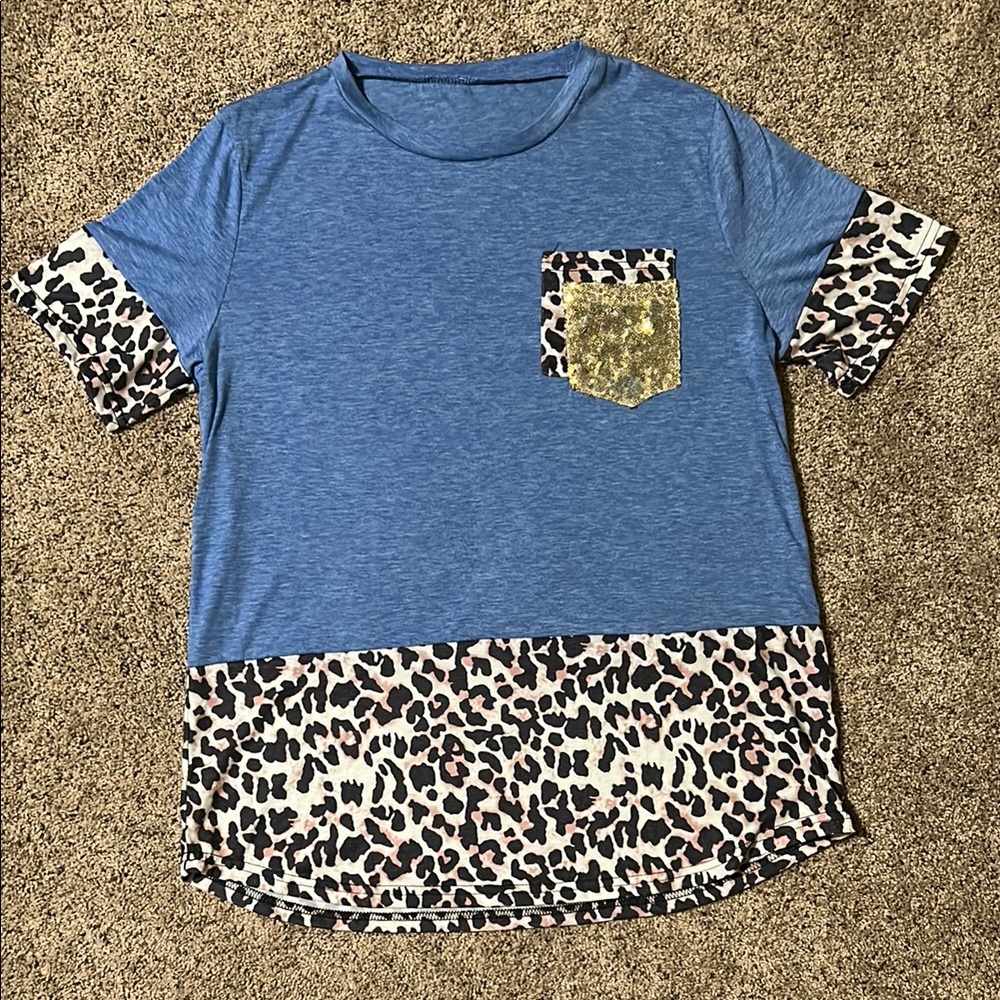 Blue and Leopard Print Shirt with Gold Sequin Pocket